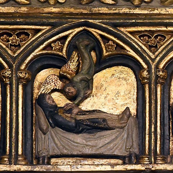 Barcelona.- Catedral de la Santa Creu i Santa Eulàlia – Detall del sepulcre de Sant Ramón de Penyafort, S. XV amb l’escena de la mort de Sant Ramon (1/2026)