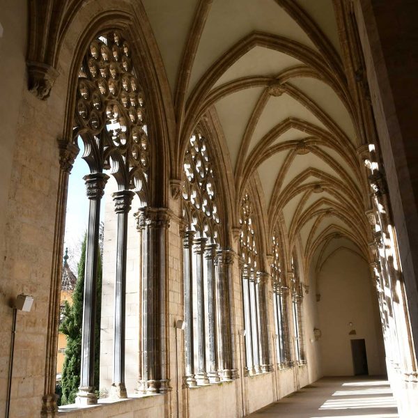 Claustre gòtic, S. XIV de planta romboïdal amb cinc finestrals per banda cobertes amb voltes ogivals i claus de volta esculturades (1/2026)