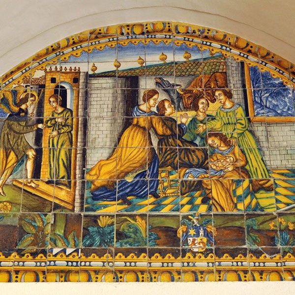 Terrassa.- Claustre del convent de S. Francesc, S. XVII – Plafons dedicats a la vida del Sant atribuïts a Llorenç Passoles - Naixement de S. Francesc en un estable a imitació del de Jesús (11/2012)