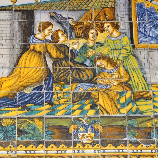 Terrassa.- Claustre del convent de S. Francesc, S. XVII – Plafons dedicats a la vida del Sant atribuïts a Llo renç Passoles - Naixement de S. Francesc en un estable a imitació del de Jesús (11/2012)