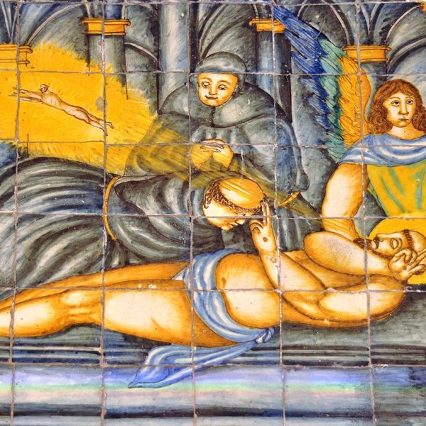 Terrassa.- Claustre del convent de S. Francesc, S. XVII – Plafons dedicats a la vida del Sant atribuïts a Llorenç Passoles - Mort de Sant Francesc (11/2012)