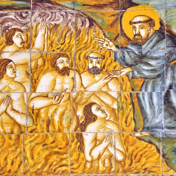Terrassa.- Claustre del convent de S. Francesc, S. XVII – Plafons dedicats a la vida del Sant atribuïts a Llorenç Passoles - Sant Francesc reconforta les ànimes del purgatori (11/2012)