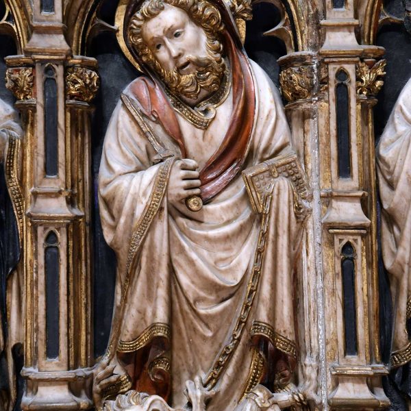 Vic.- Catedral de Sant Pere – Detall d'un dels apòstols del brancal dret del retaule de Pere Oller datat entre 140 i 1427 (6/2026)
