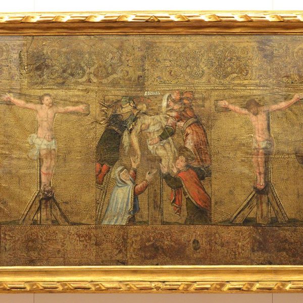 Vic.- Museu de l’Art de la Pell, S. XX situat a l’antic convent del Carme - Frontal d’altar de Guadamassil del S. XVI procedent d’Espanya (10/2018)