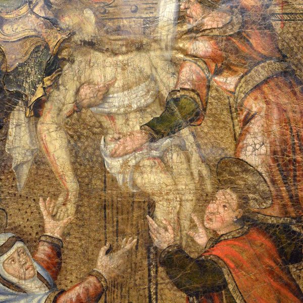 Vic.- Museu de l’Art de la Pell, S. XX situat a l’antic convent del Carme - Detall del frontal d’altar de Guadamassil S. XVI procedent d’Espanya (10/2018)