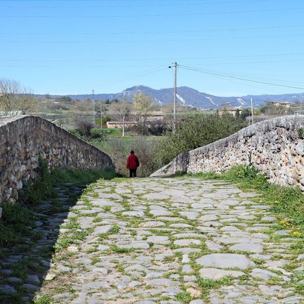 Vic.- Pont gòtic del Bruguer, S. XIV/XV situat al pas del camí de Vic a Olot – Entrada per la calçada de llevant de perfil apuntat pavimentada amb pedra i barana també de pedra (3/2026)