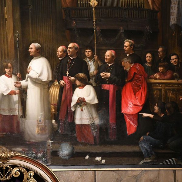 Vic.- Església dels Dolors - Detall del quadre de Jordi Diaz Alamà de l’entrega de la creu del jubileu. L’acta no va tenir lloc a la catedral de Vic sinó que es un homenatge a Sert (8/2016)